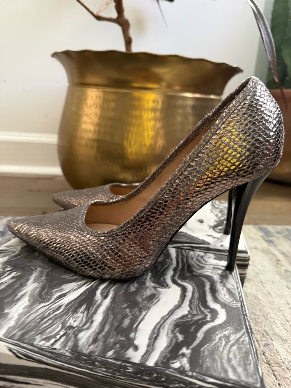 Zara Silver Snake-Embossed Pointed Toe Pumps